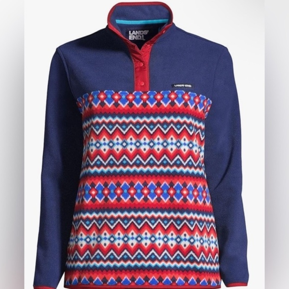 Lands' End New Womens Heritage Fleece Snap Red Navy Chevron Fairisle L 14/16